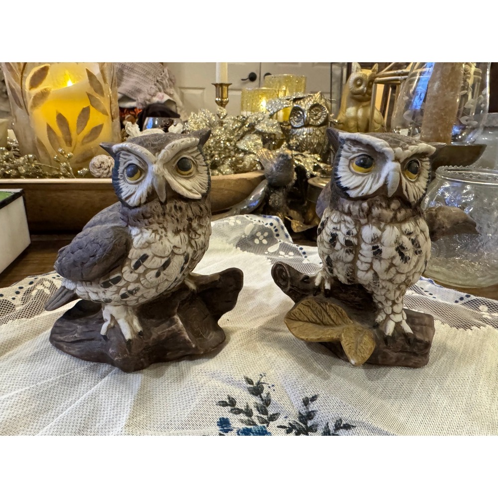 Vintage Homco Owl Figurines Set of 2 Brown White Woodland Bird Decor Statues